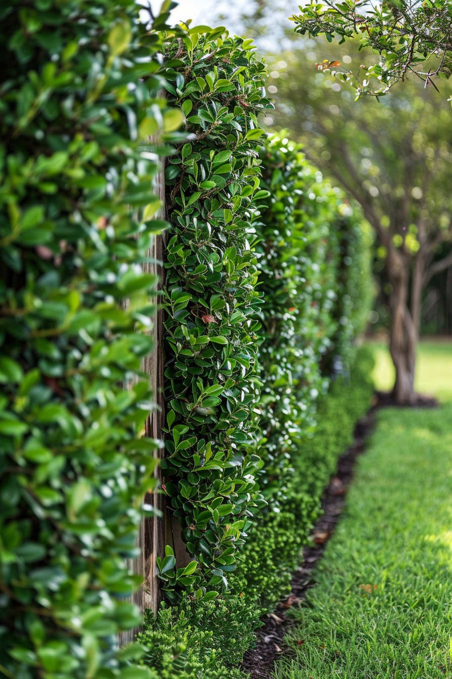 A neatly trimmed hedge running alongside a well-manicured lawn with a clear delineation of a mulch bed.