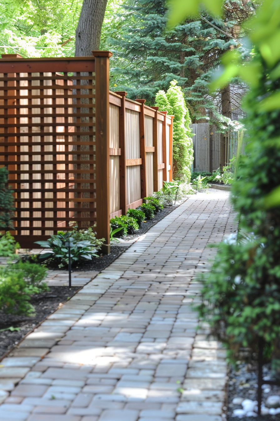 A brick walkway flanked by a modern wooden lattice fence and lined with green shrubs in a serene garden setting.