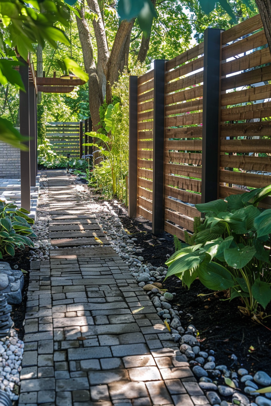 A serene garden pathway lined with wooden slats and rocks, shaded by lush trees, on a bright sunny day.