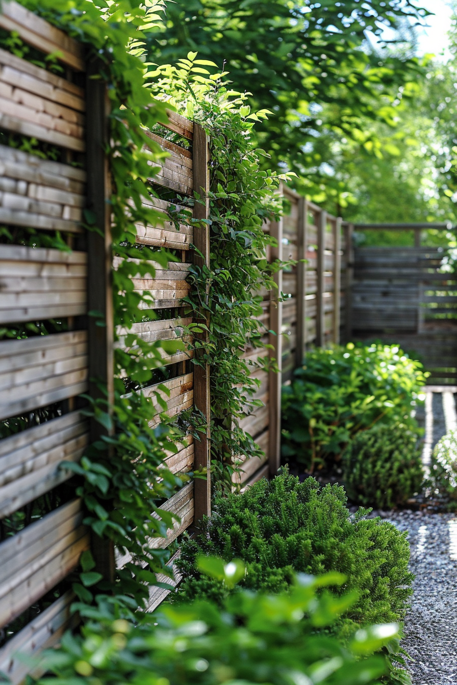 A lush garden pathway with plants growing along a wooden slatted fence, leading the eye through dappled sunlight.