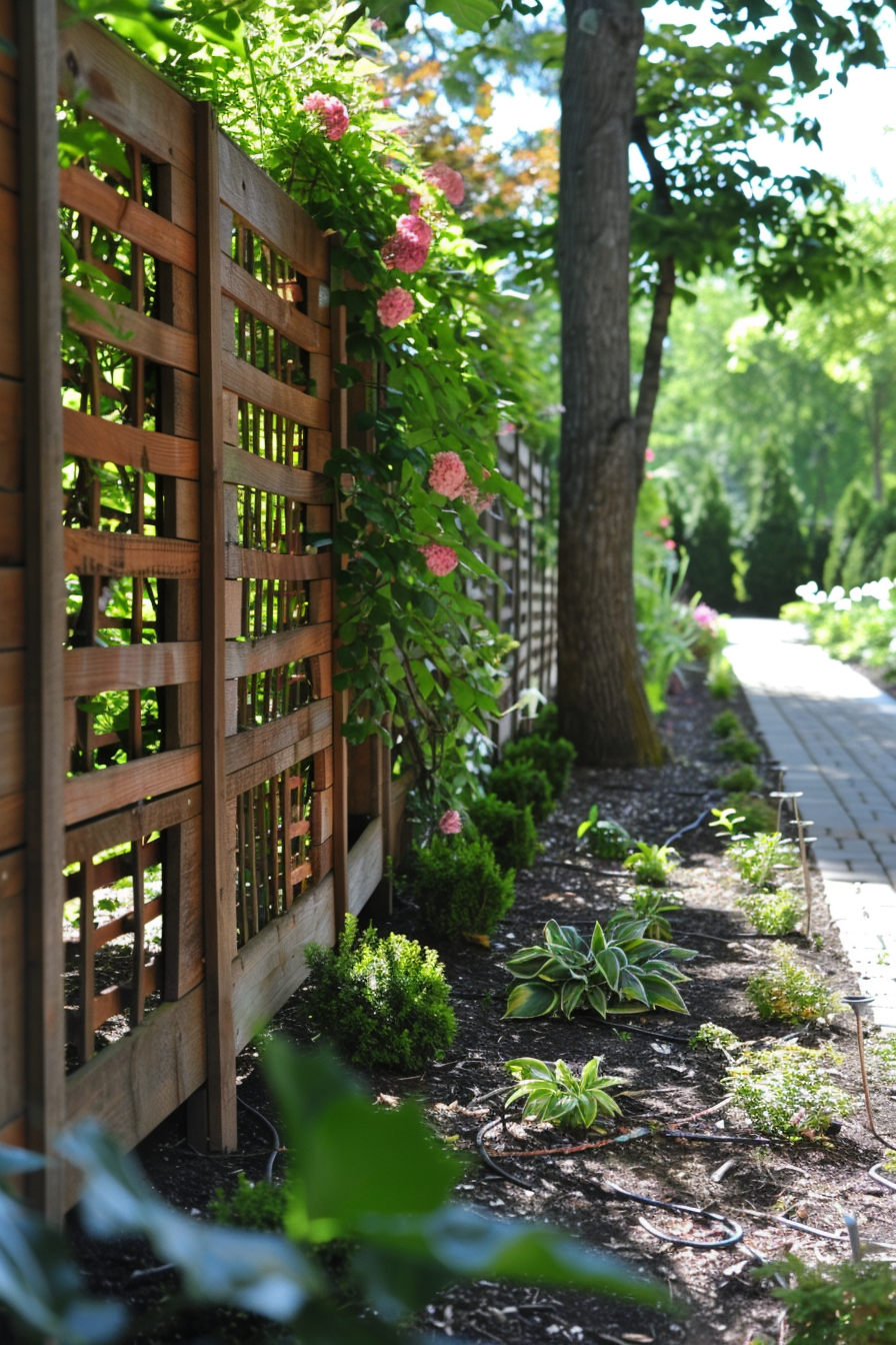A serene garden path flanked by a wooden lattice fence with blooming pink hydrangeas and lush greenery.