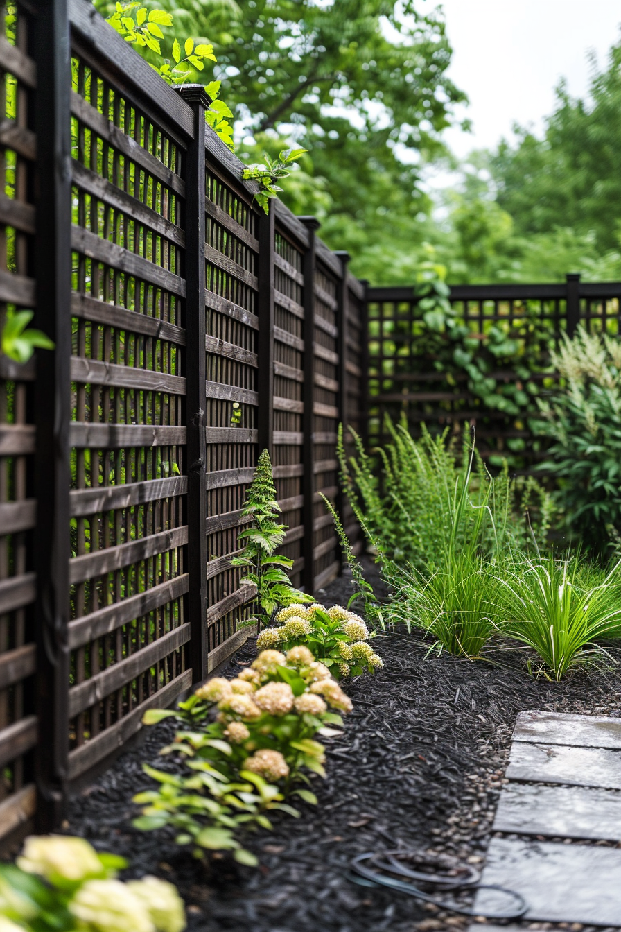 ALT: A lush garden pathway lined with a dark, wooden lattice fence, assorted green plants, and hydrangea bushes, with stone pavers on mulch.