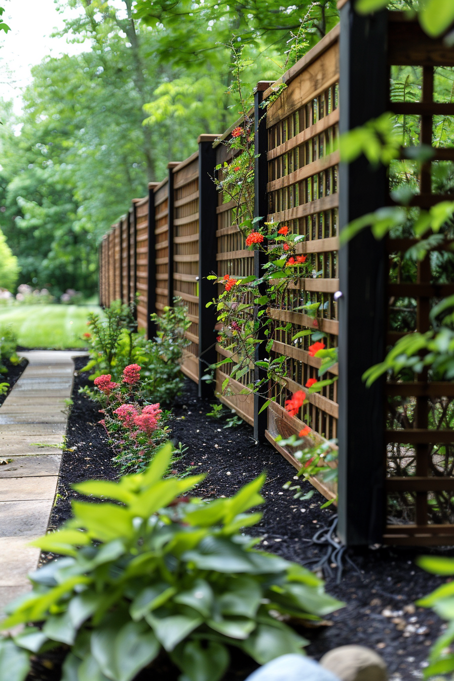 ALT Text: "A well-maintained garden pathway with a wooden lattice fence adorned by climbing red flowers and surrounded by lush greenery."