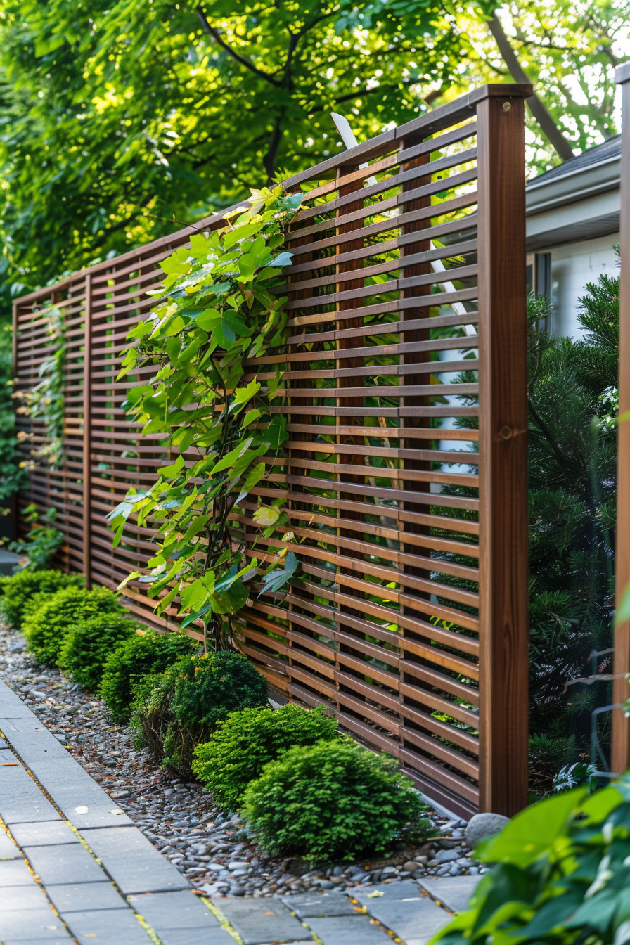 ALT: A wooden slat fence stands alongside a garden path, partially covered by climbing plants, with lush greenery in the background.
