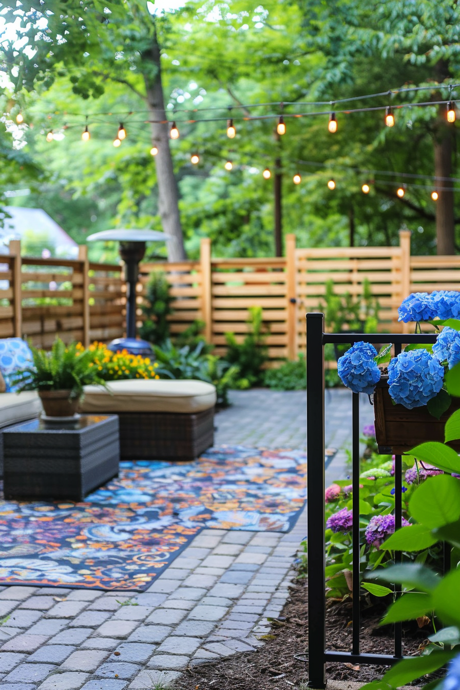 Cozy garden patio with string lights, furniture, and vibrant blue hydrangeas on a patterned outdoor rug.