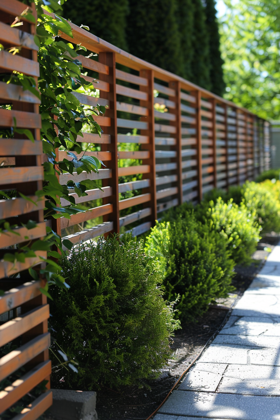 Wooden slat fence alongside a garden path with lush green shrubs under bright sunlight.