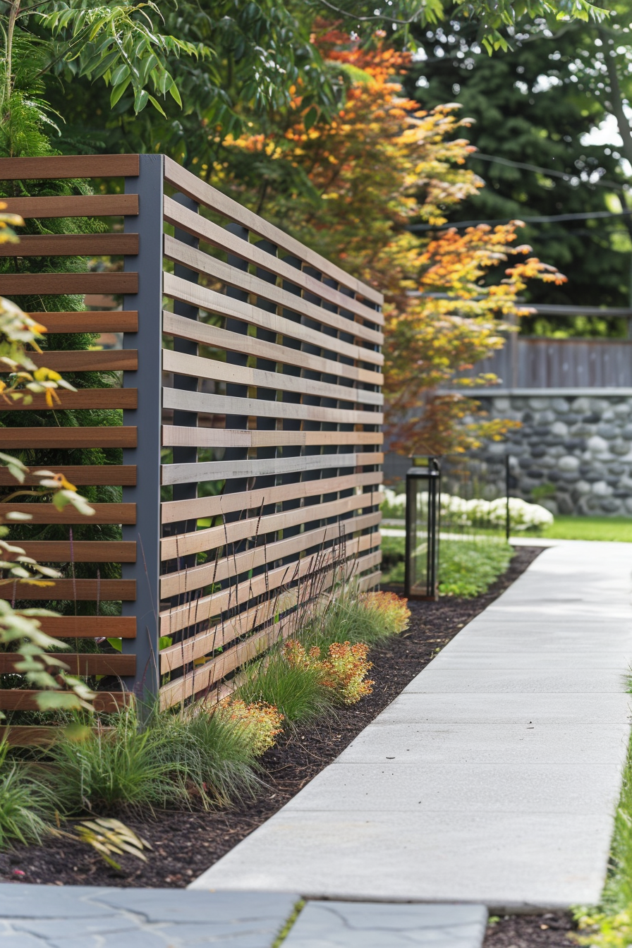 ALT: A modern wooden slat fence beside a concrete pathway, with ornamental grasses and autumn-colored trees in the background.