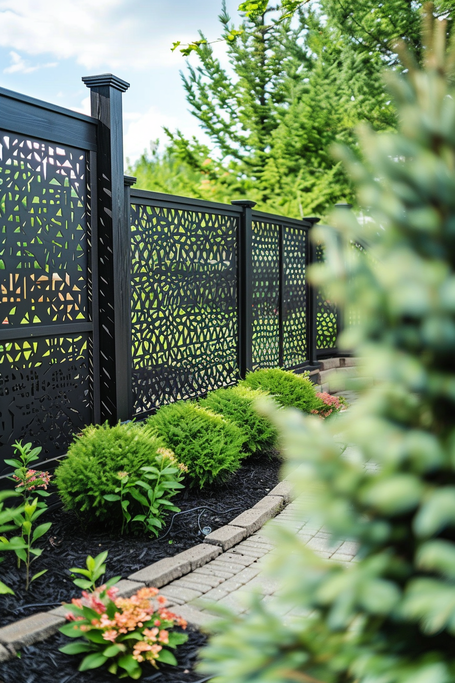 Decorative black garden fence with a cut-out leaf pattern, surrounded by green shrubs and trees under a blue sky.