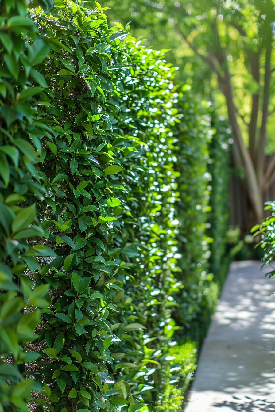 Lush green hedge lining a concrete pathway with sunlight filtering through the foliage.