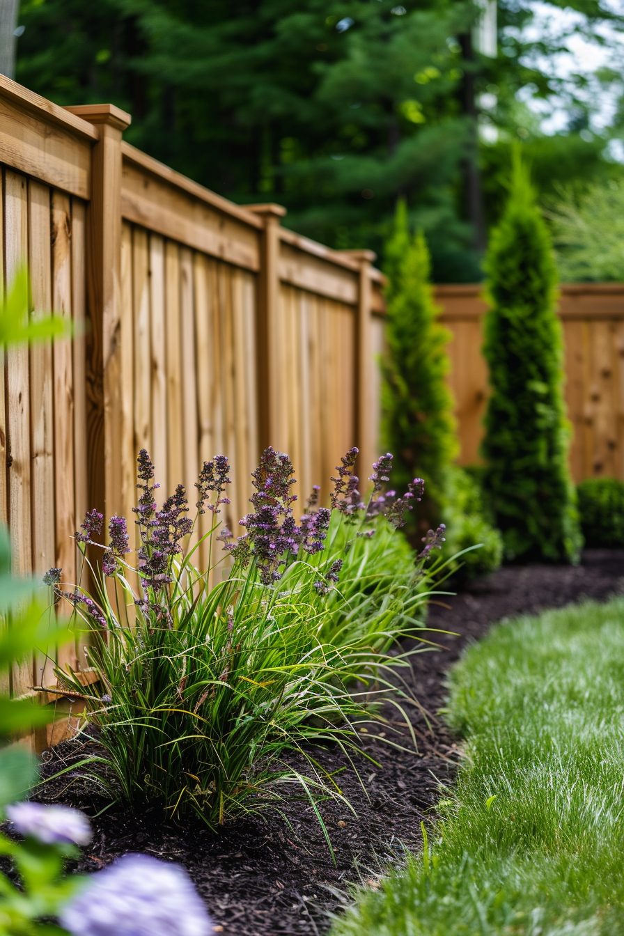 Wooden fence alongside a landscaped garden with purple flowers, ornamental grass, and conical shrubs.