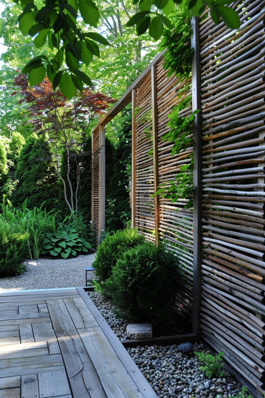 A serene garden pathway with wooden slats creating privacy, lush greenery surrounds the area, and a wooden deck leads the way.