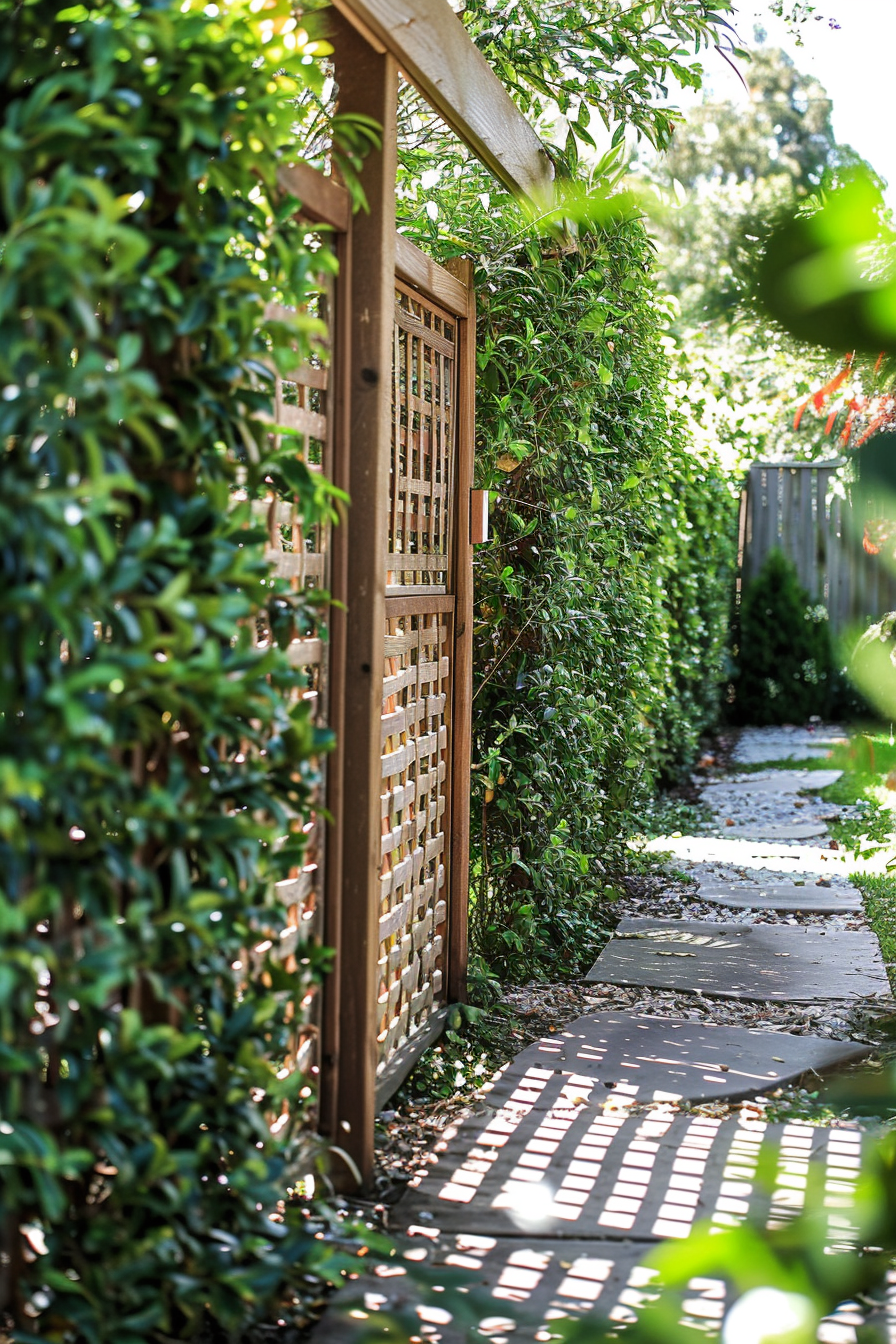 ALT: A wooden lattice gate partially open, revealing a garden path lined with lush greenery and stepping stones, in a serene, sunlit backyard.