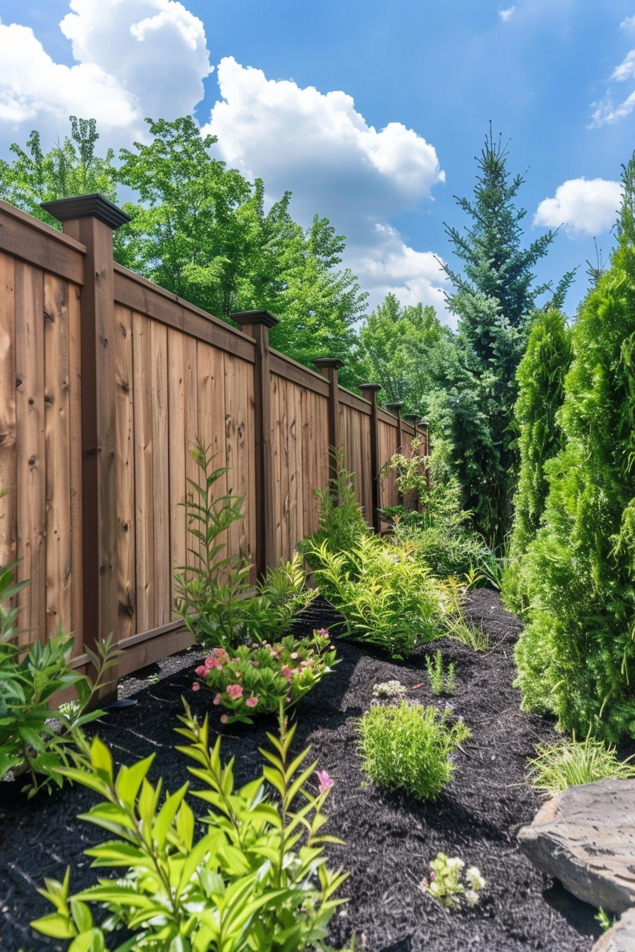 A sunny garden with a wooden fence, flowering plants, and evergreens under a blue sky with fluffy clouds.