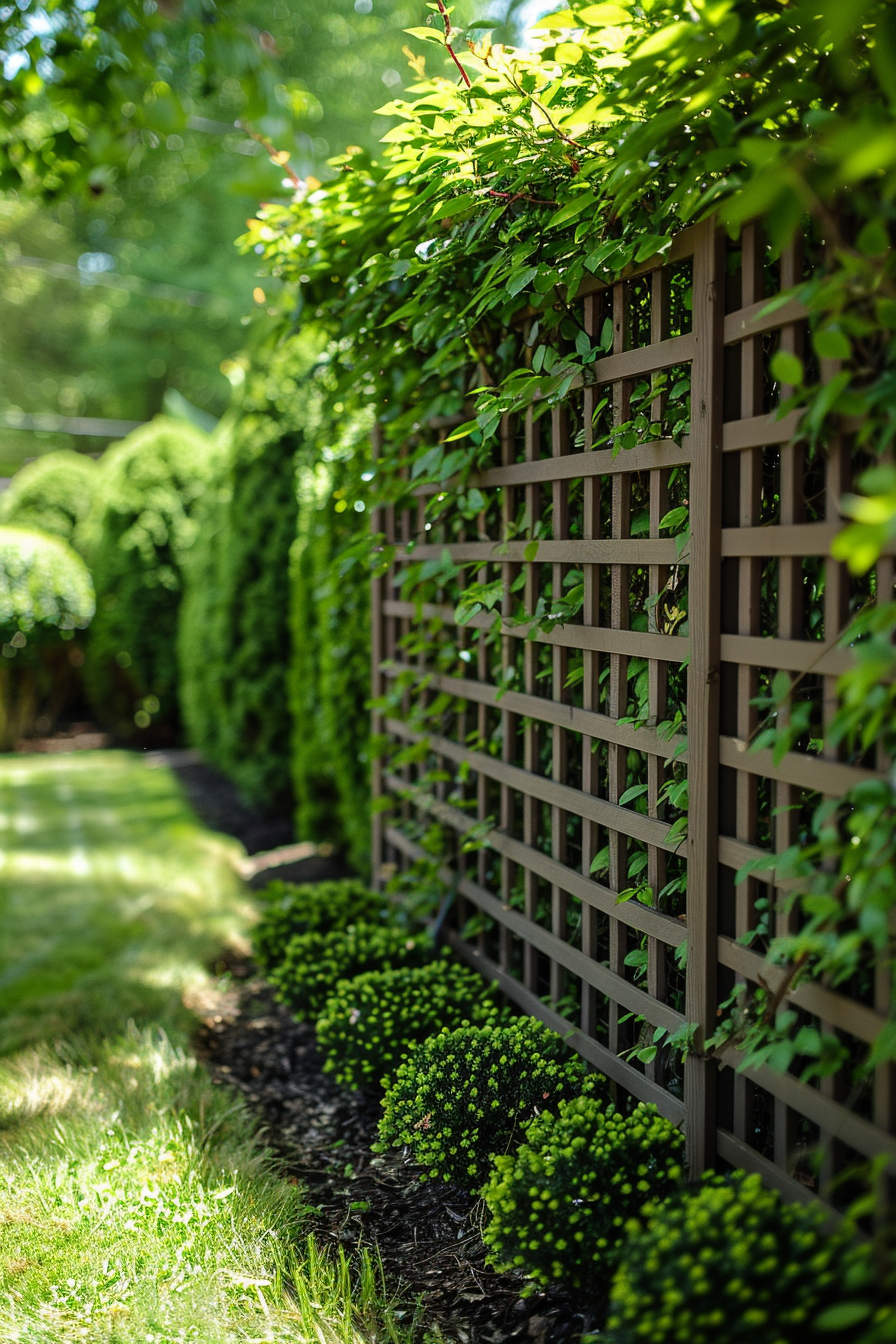 A wooden lattice fence with climbing green plants in a lush garden setting.