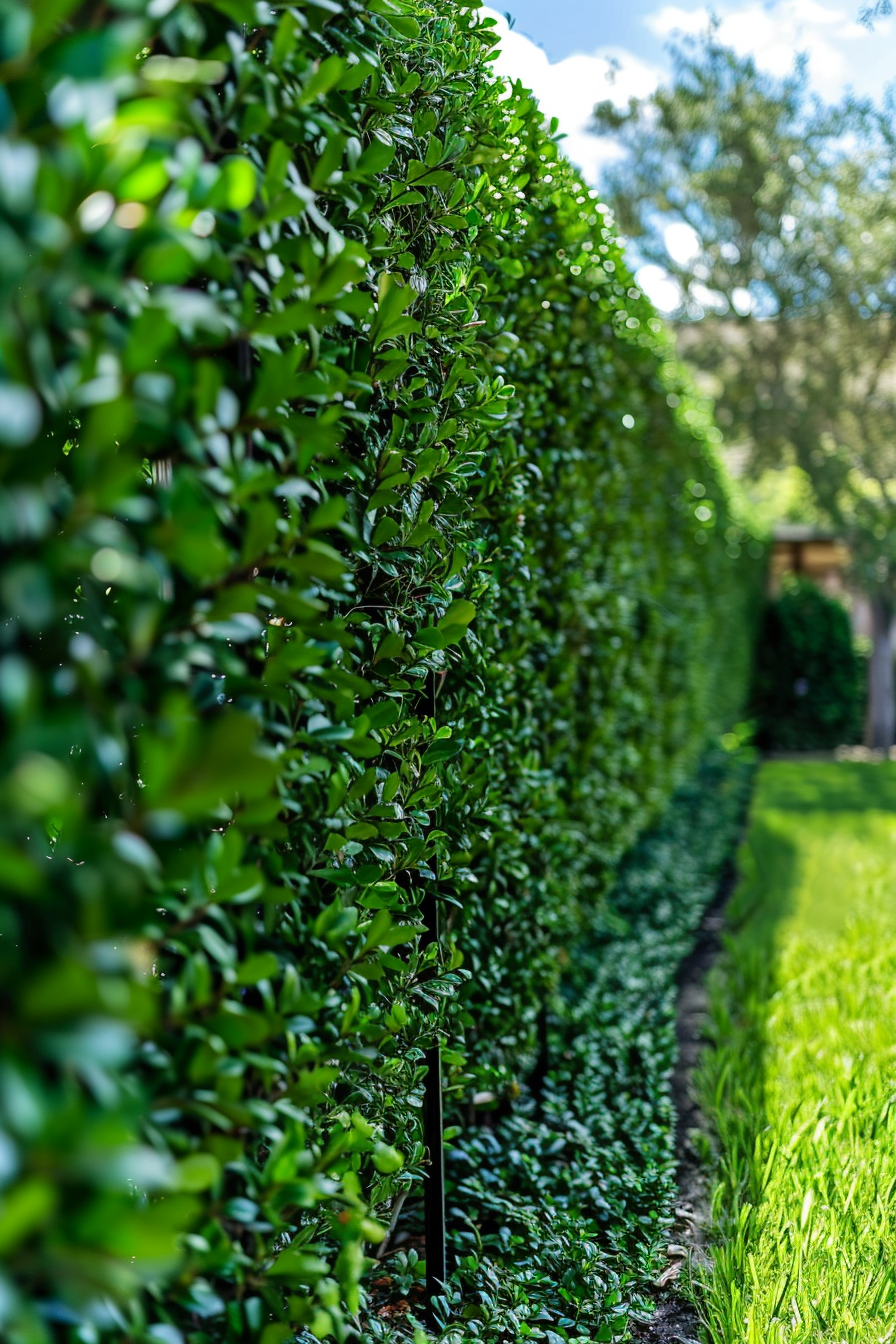 A neatly trimmed hedge lining a garden path with lush green grass on one side under a sunny sky.