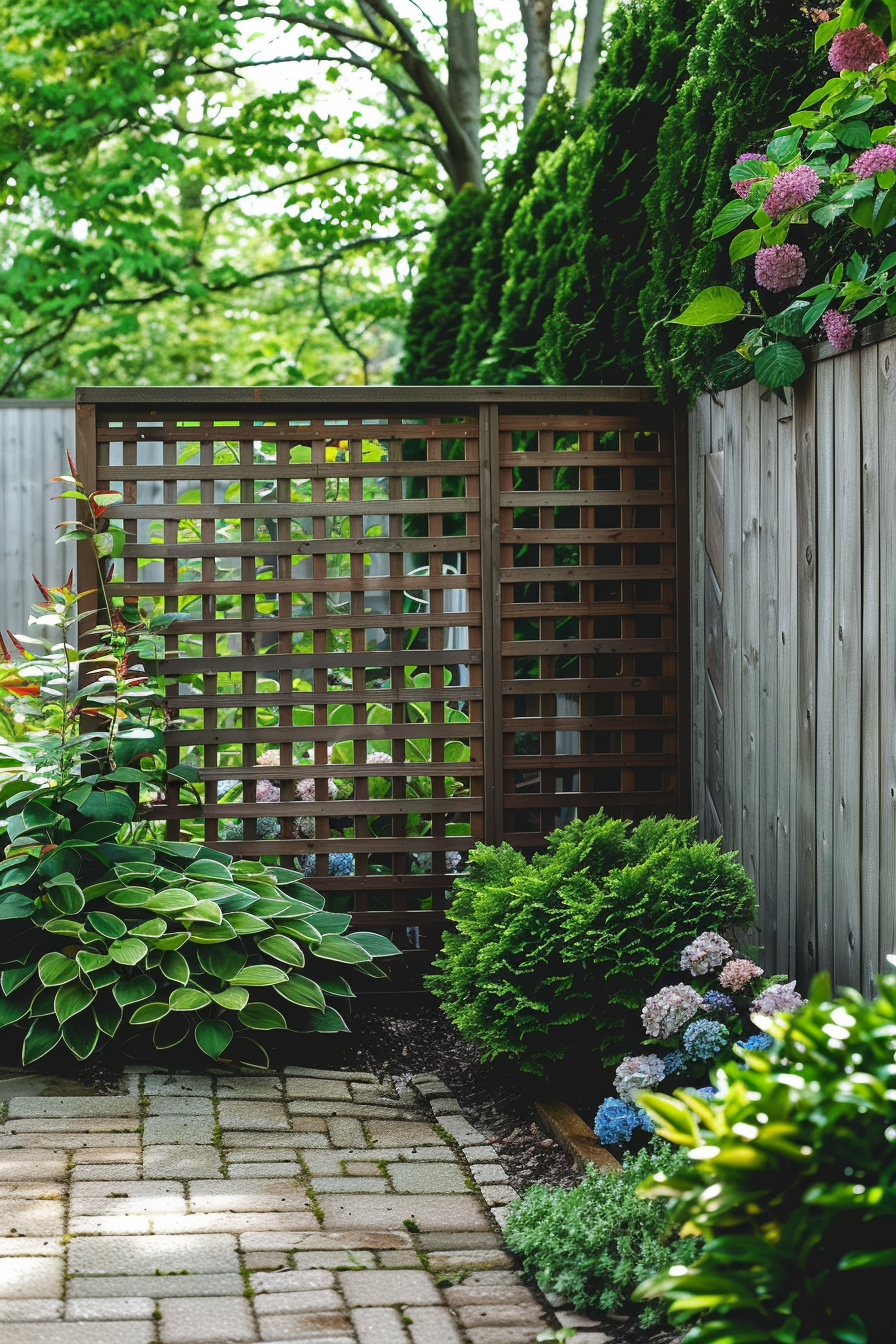 A tranquil garden corner with a wooden trellis, hydrangeas, and a neatly laid stone path.