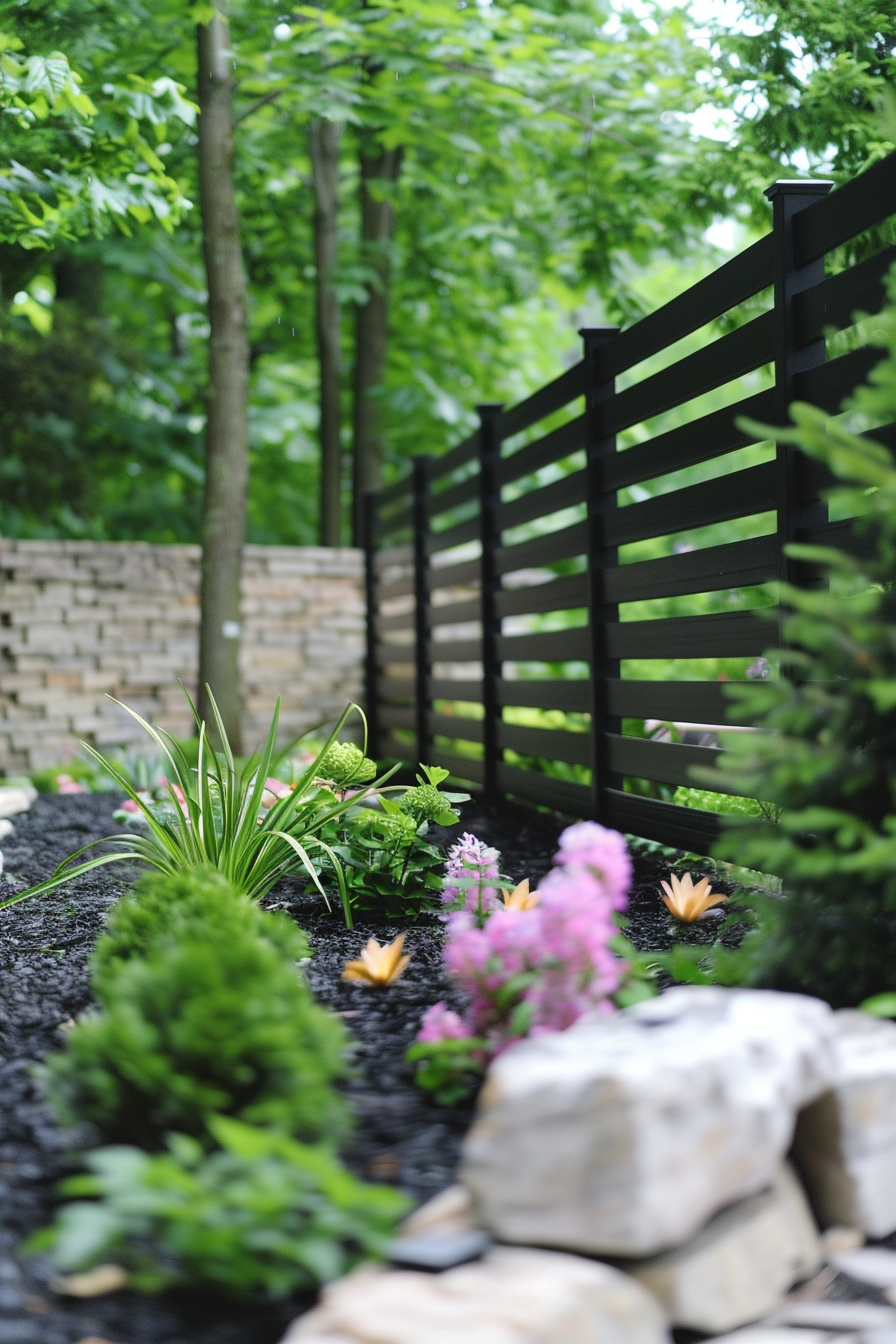 A tranquil garden with a variety of plants and flowers, black mulch, stone accents, and a dark wood fence.