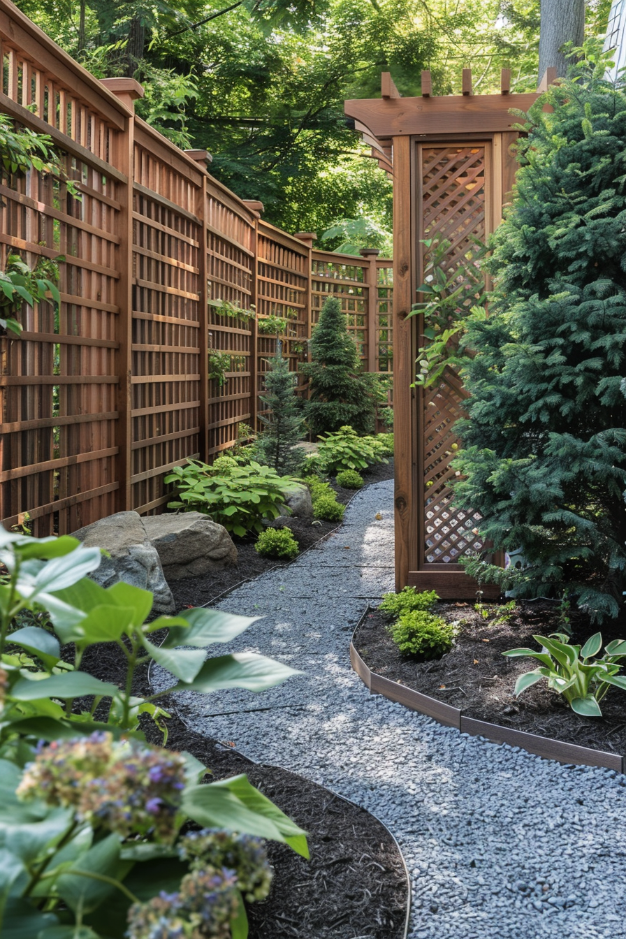 Alt text: A tranquil garden pathway lined with a wooden lattice fence and pergola, surrounded by lush greenery, rocks, and mulched beds.