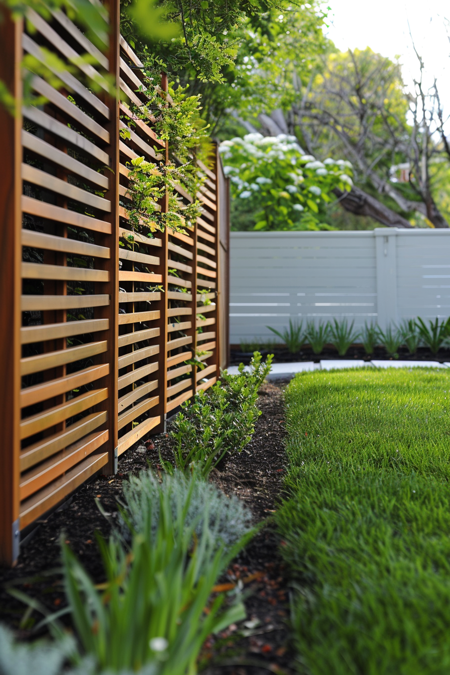 A lush garden with a wooden trellis, neatly trimmed grass, and landscaped plants under a sunny sky.