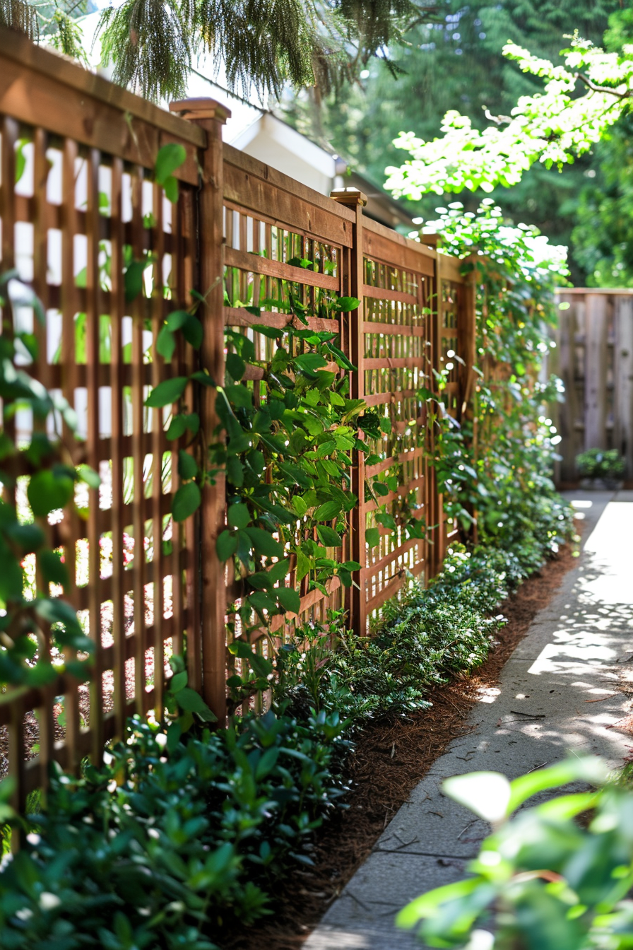 A wooden lattice fence lines a garden path with lush greenery and climbing plants on a sunny day.