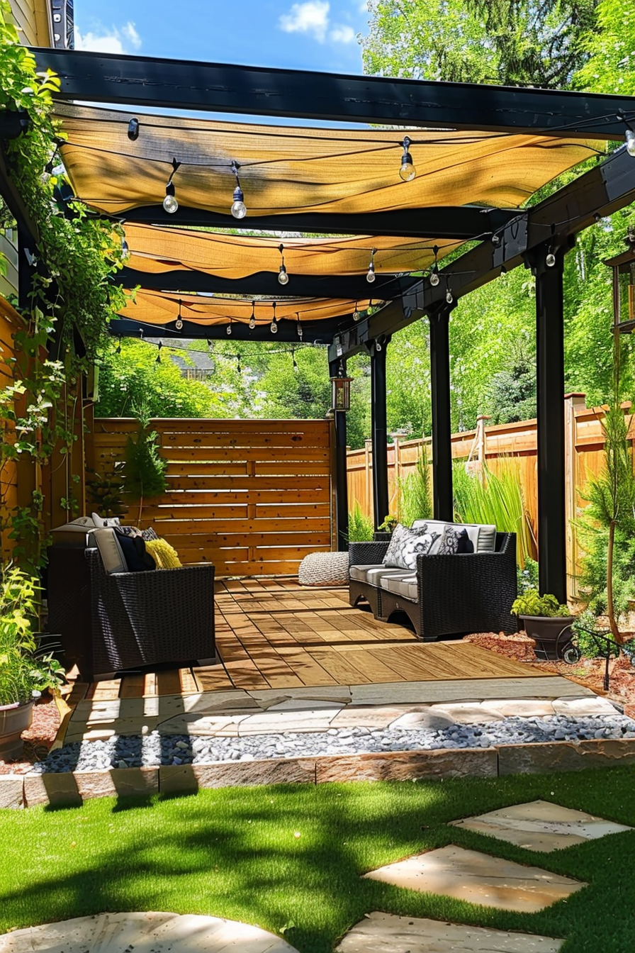 Cozy backyard patio with furniture under a pergola, string lights above, and lush greenery around.