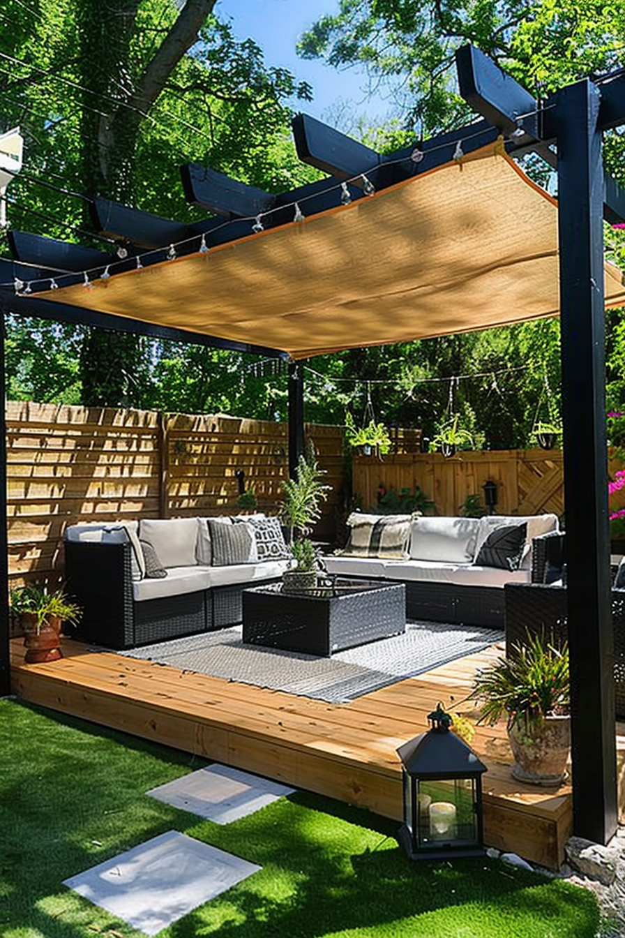 A cozy outdoor lounge area with a sofa, chairs, and table under a beige shade sail, surrounded by wooden fences and greenery.