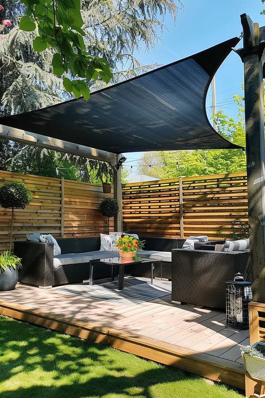A cozy outdoor patio area with modern furniture, wooden privacy screens, and a shade sail against a background of greenery and a clear sky.