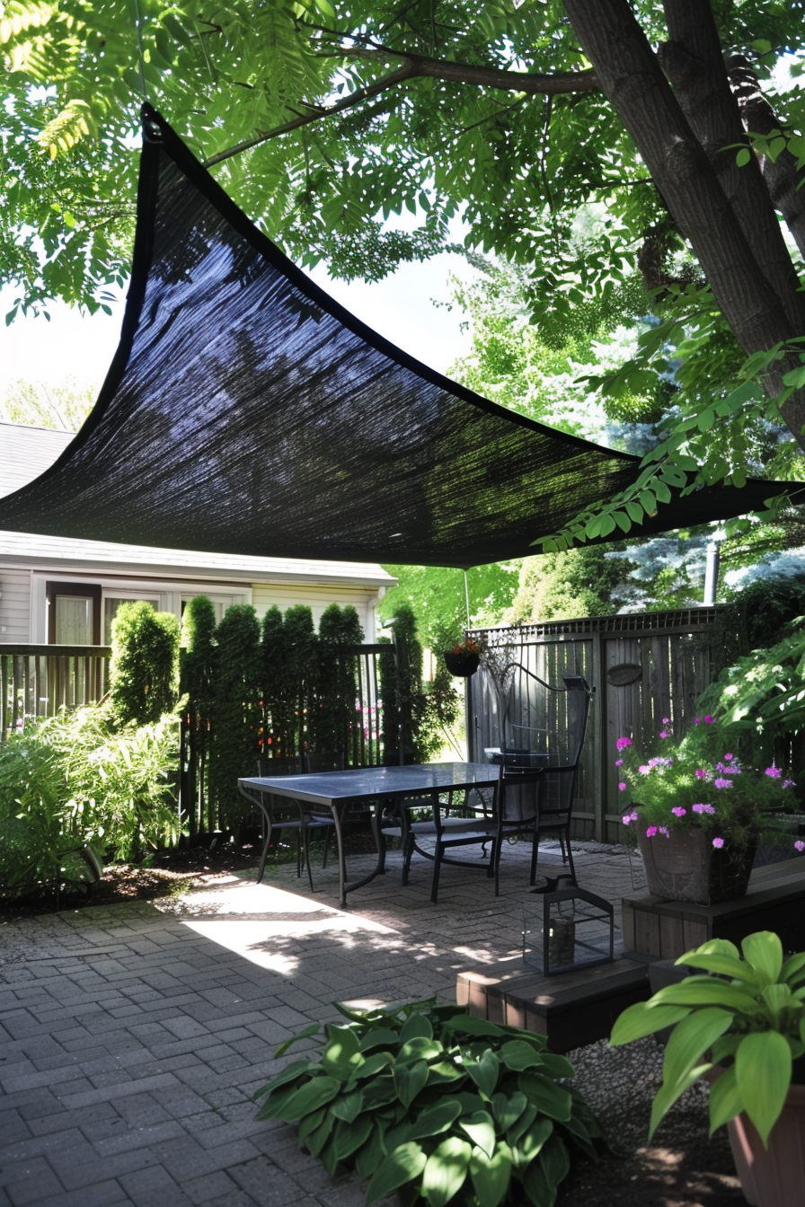 A tranquil backyard patio shaded by a large black sun sail, surrounded by trees, blooming flowers, and outdoor furniture.