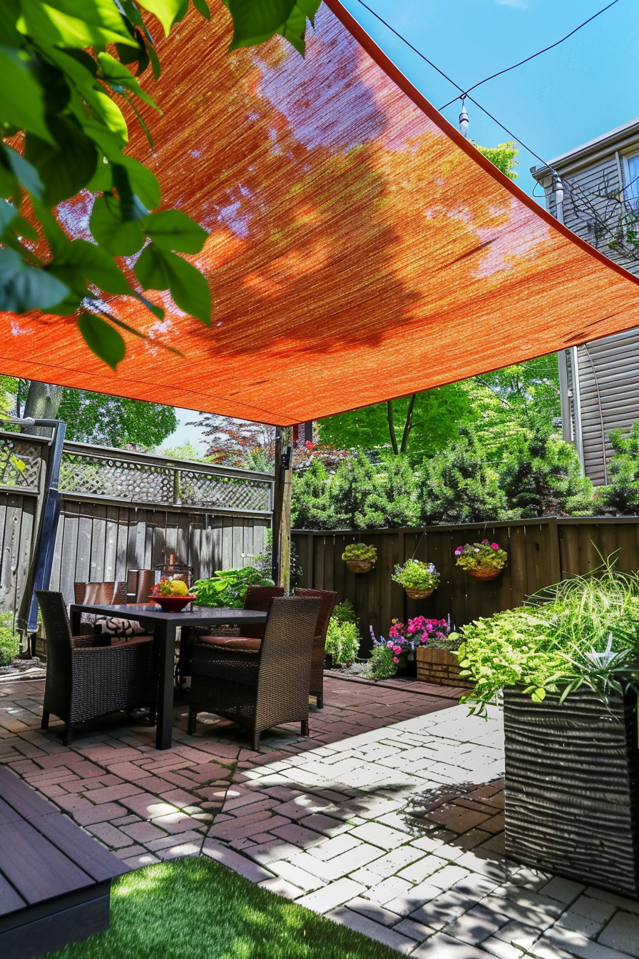 A cozy patio with a red sunshade, dining set, hanging flower baskets, and potted plants on a sunny day.