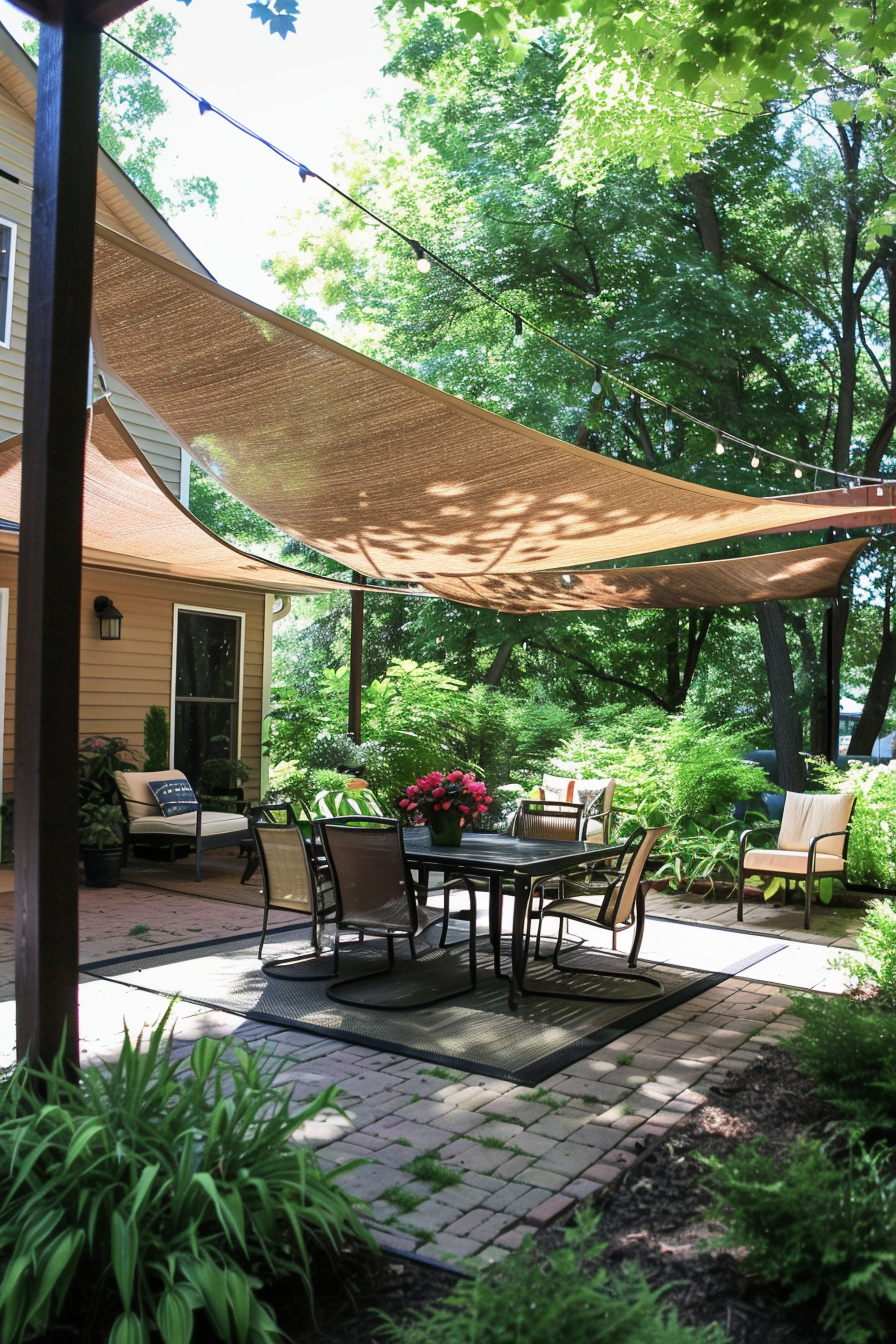 Cozy backyard patio with a shade sail, string lights, outdoor furniture, potted plants, and surrounding greenery.