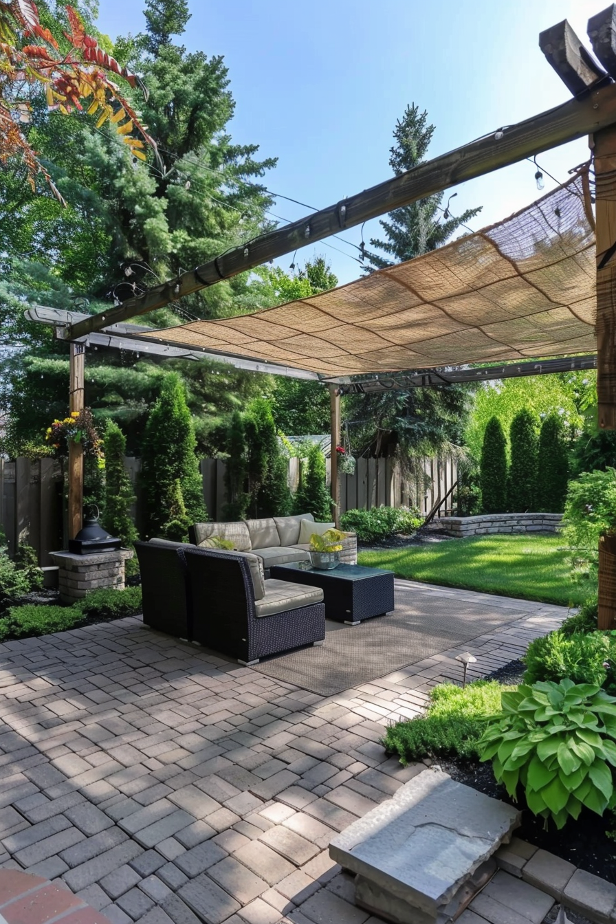 A cozy outdoor patio with wicker furniture, shade cloth overhead, surrounded by lush greenery and a neatly laid brick floor.