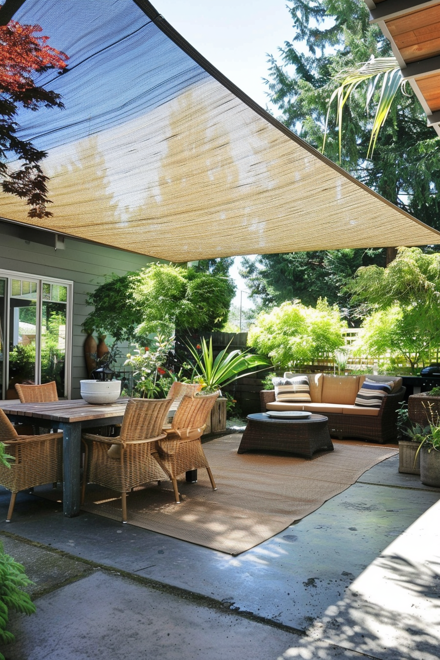 A cozy backyard patio with wicker furniture under a shade sail, surrounded by lush greenery and potted plants.