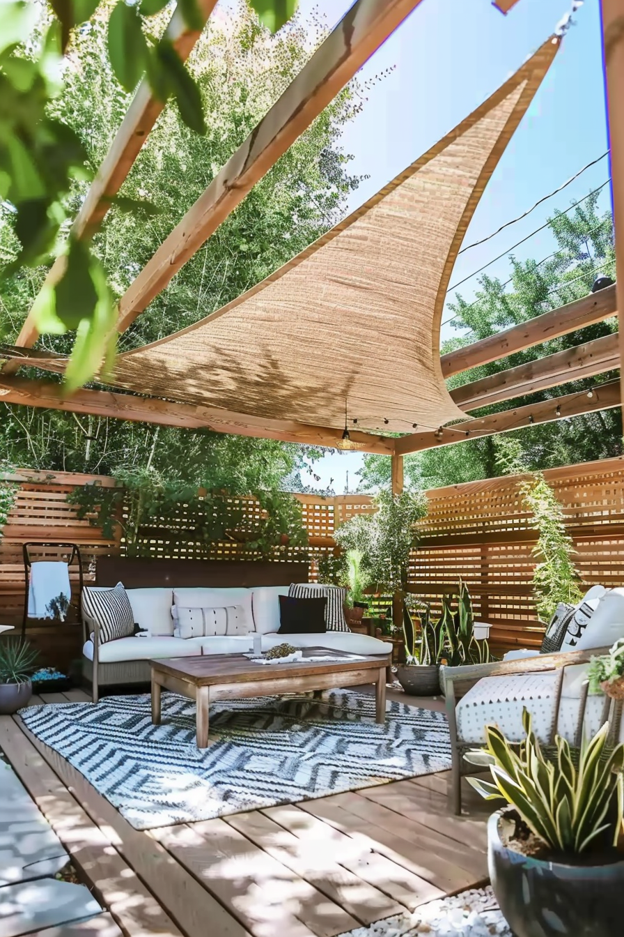 Cozy outdoor seating area with cushions on a wooden deck, shaded by a tan sail cloth, surrounded by greenery and privacy fencing.