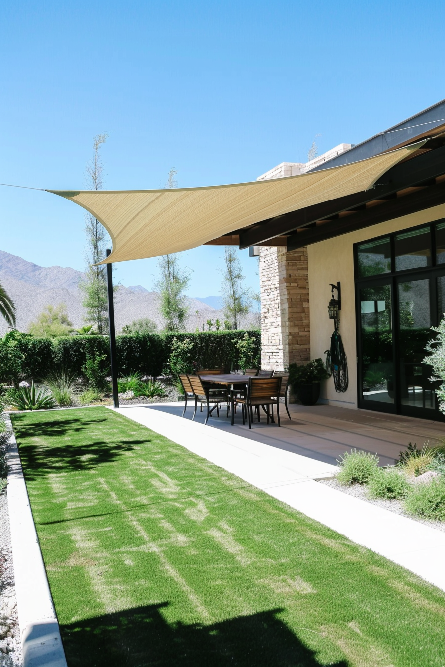 A modern patio with a sail shade, outdoor dining furniture, manicured lawn, and mountainous backdrop under a clear sky.