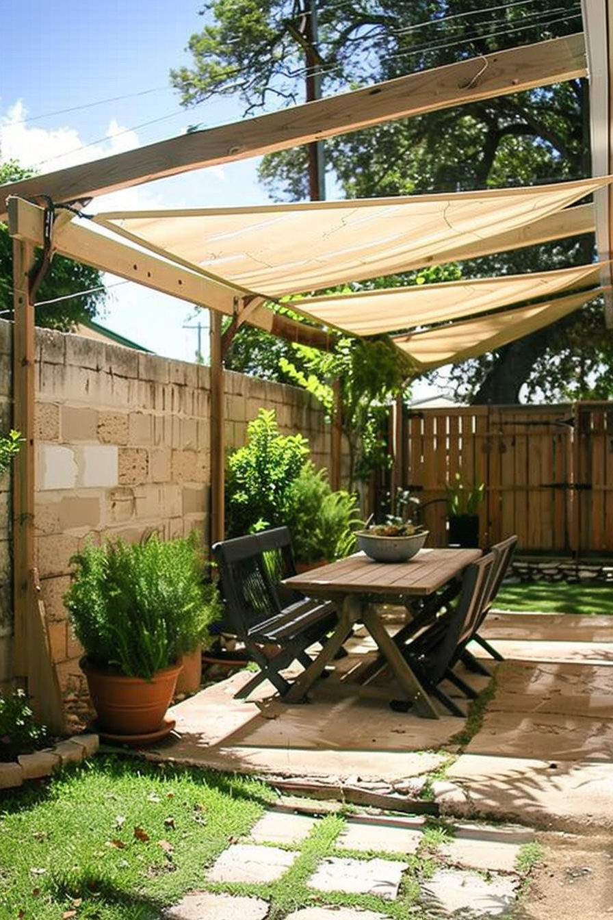 Cozy backyard patio with a pergola, wooden dining set, and surrounded by green plants and a grass lawn.