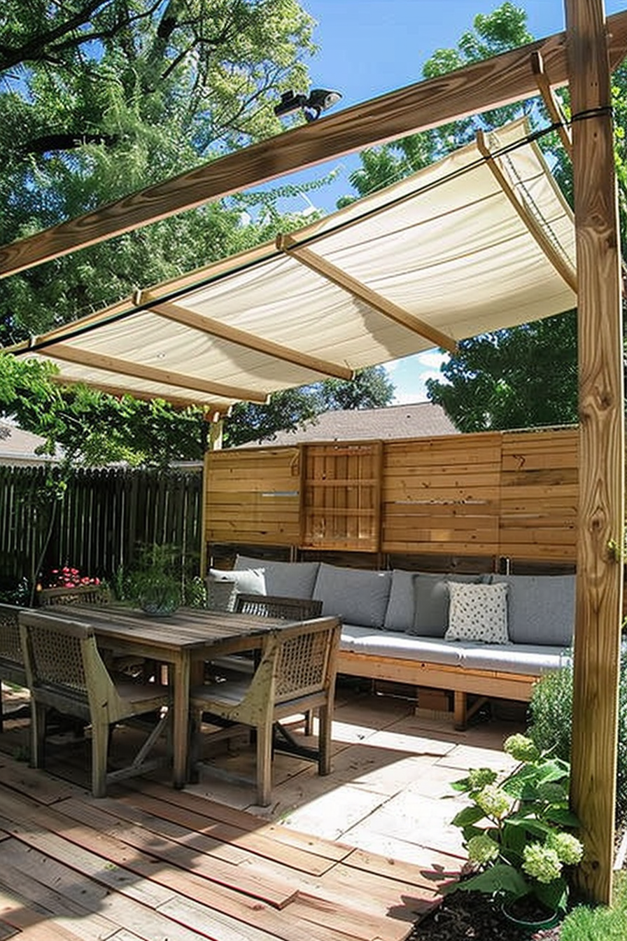 A cozy backyard patio featuring a wooden pergola with retractable shades, a dining table, and a cushioned sitting bench.