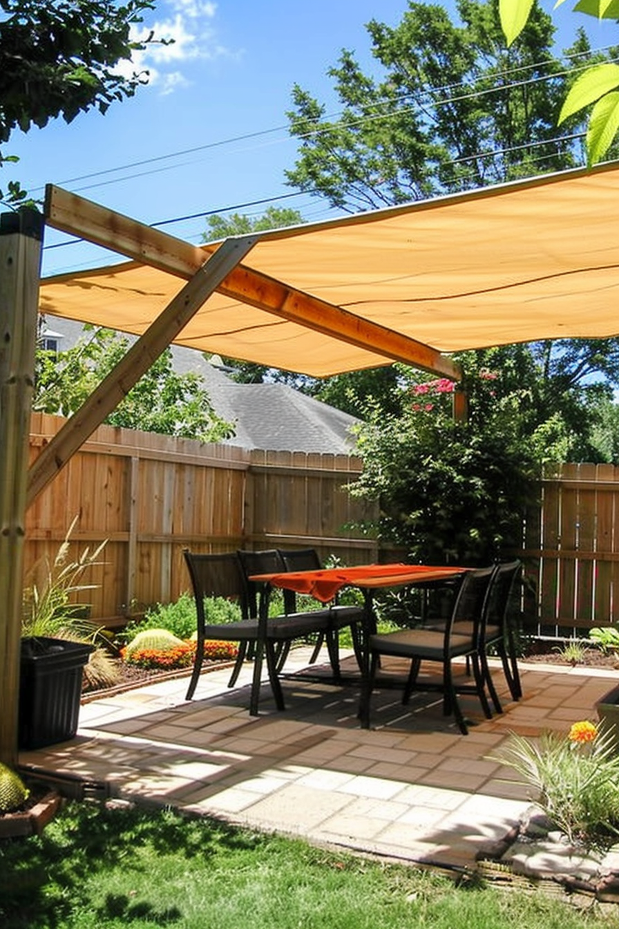A cozy backyard with a wooden pergola covered by an orange canopy, a patio dining set, and surrounding greenery and fencing.