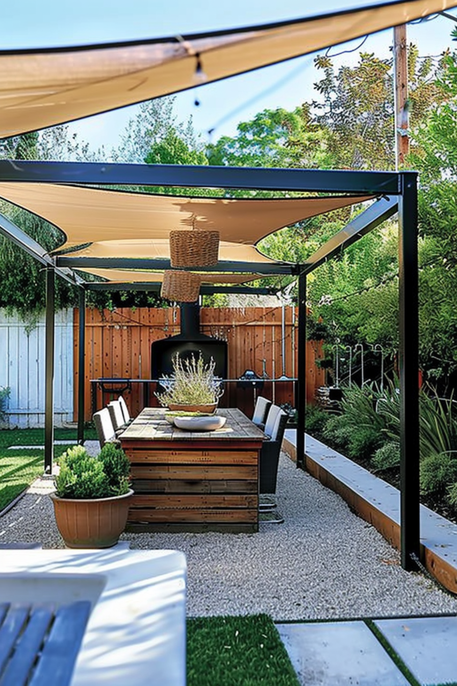 Outdoor patio with a wooden dining table, shade sails, a fireplace, and lush greenery in a fenced backyard.