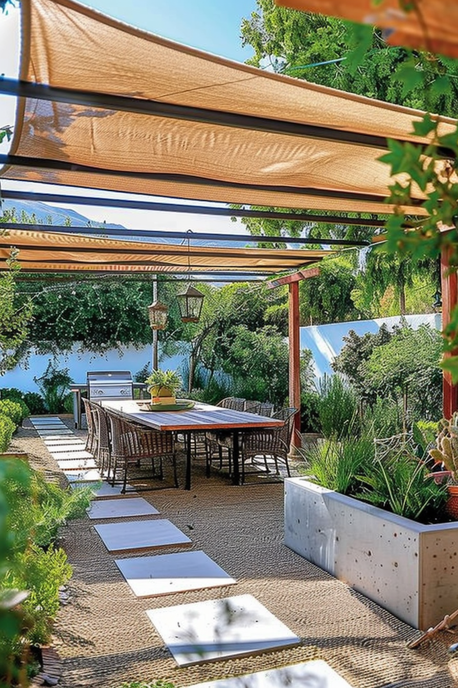Outdoor patio with a wooden dining table set under beige sunshades, surrounded by greenery and overlooking a scenic view.