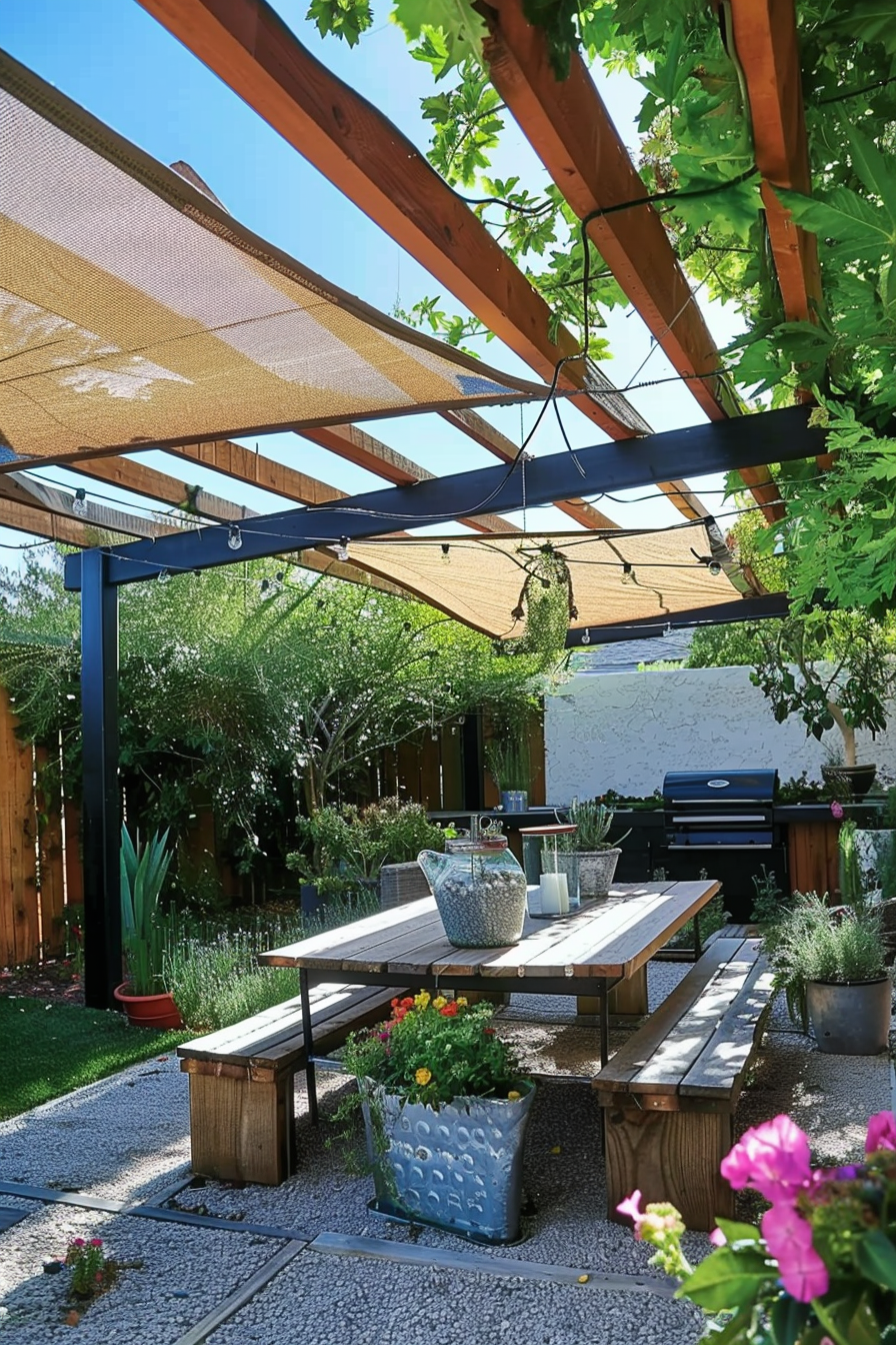 A cozy backyard patio with a wooden table, benches, gravel flooring, plants, and a shaded pergola.