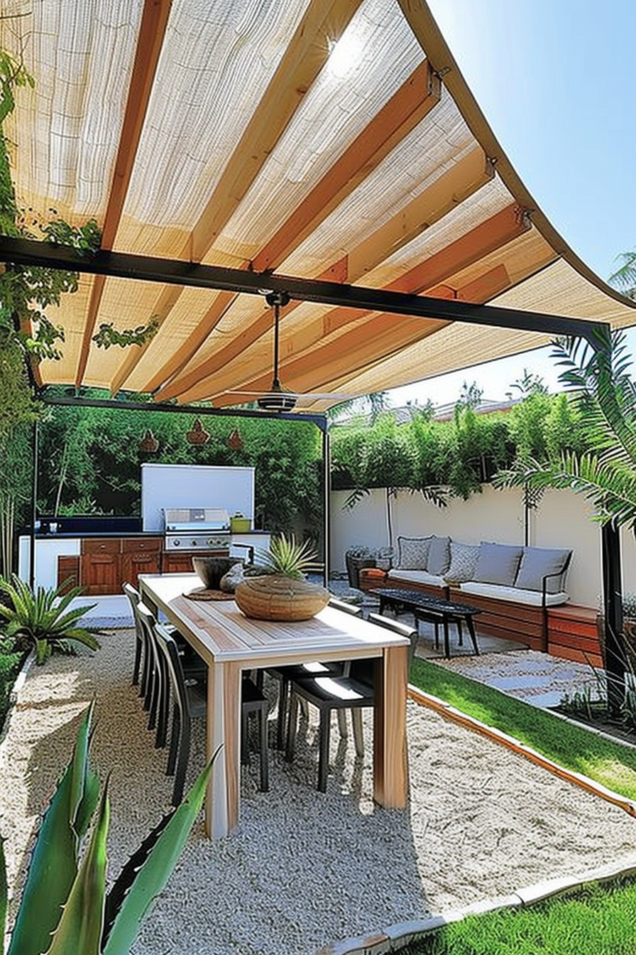 Outdoor patio with wooden pergola, dining table, built-in kitchen, lounging area, and greenery.