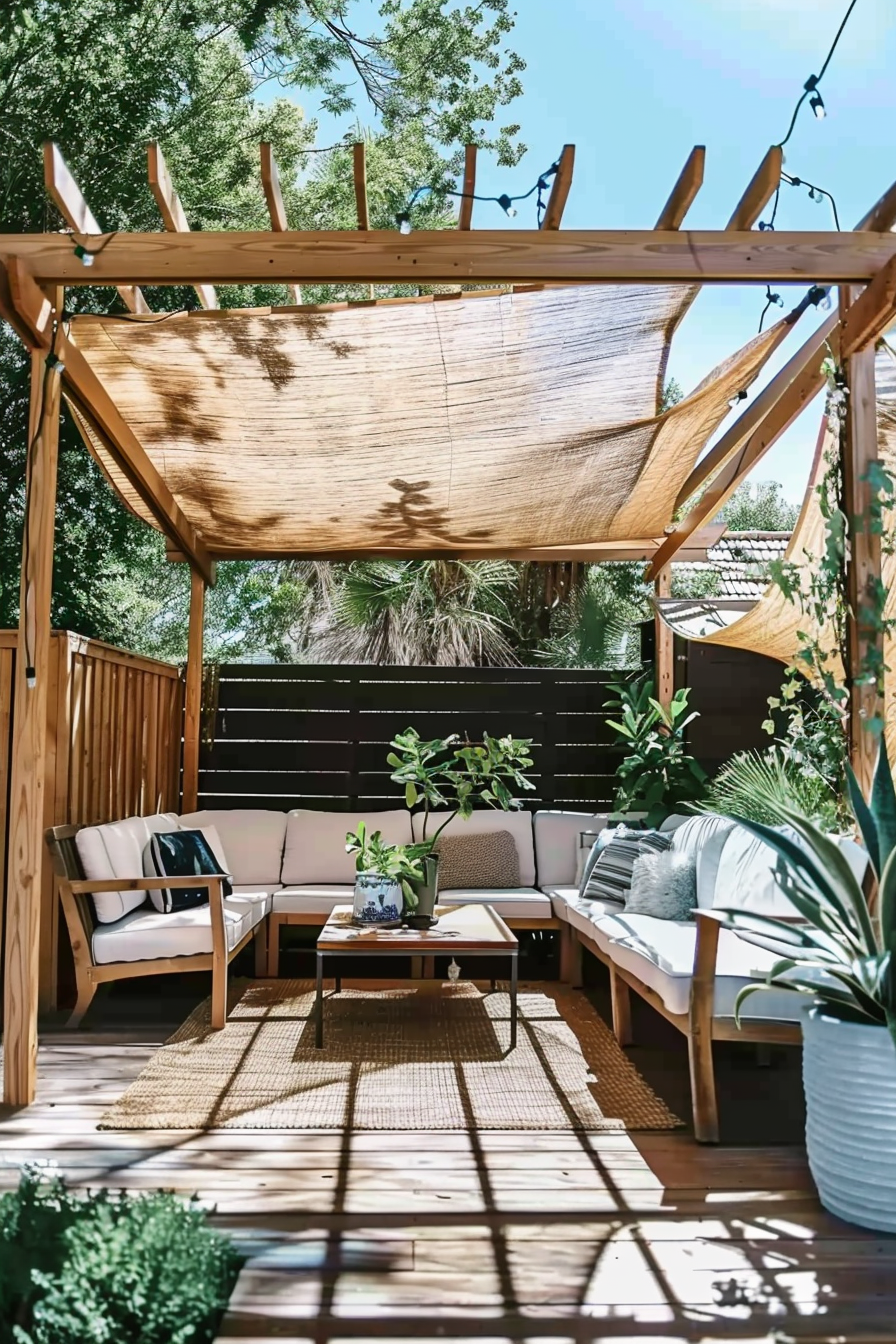 Cozy outdoor wooden seating area with a shade sail, comfortable sofas, a coffee table, plants, and decorative lights.