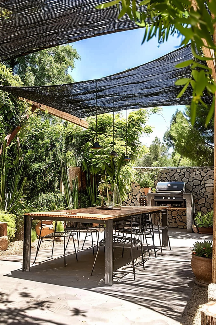 Outdoor dining area with a wooden table, metal chairs, barbecue grill, and lush greenery under a shade net.