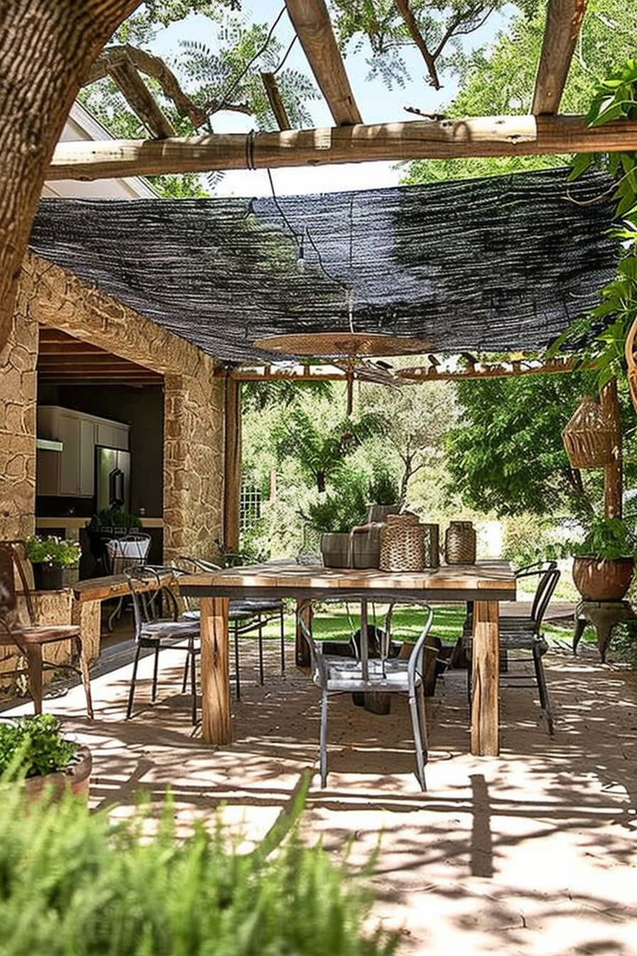 Rustic outdoor dining area with wooden table and chairs under a shaded pergola, surrounded by greenery.