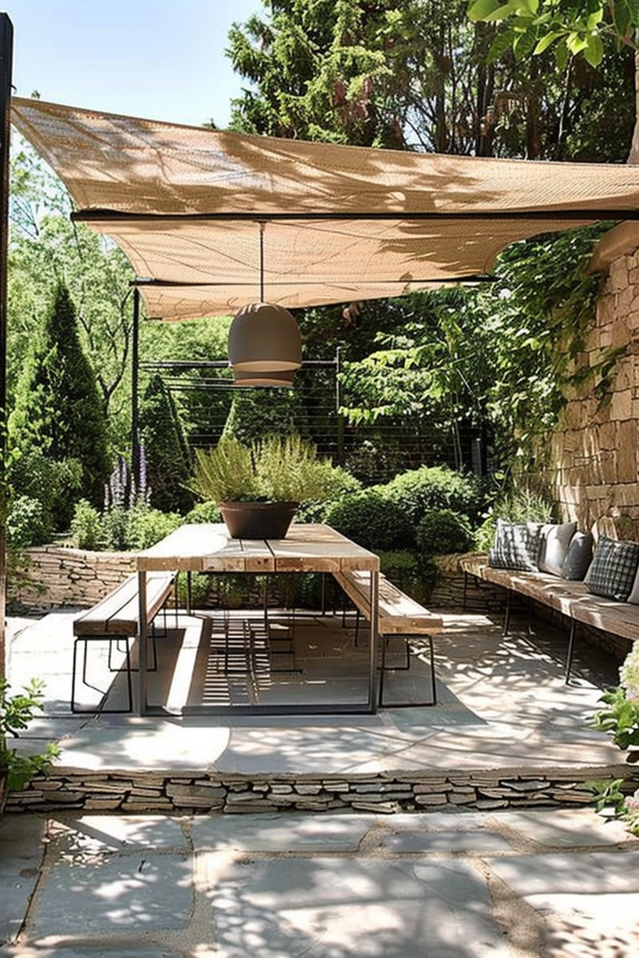 A serene outdoor dining area with a wooden table, matching benches under a shade sail, surrounded by lush greenery and stone walls.