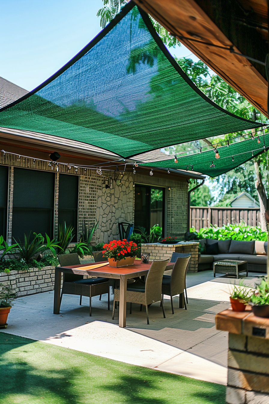 Patio area with a dining table set, a shaded lounge area, and string lights, under a green sun shade sail.
