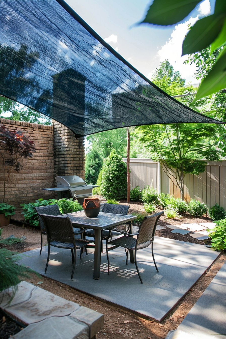 Outdoor patio with a dining table set under a shade sail, surrounded by green plants and a brick wall, with a grill in the background.