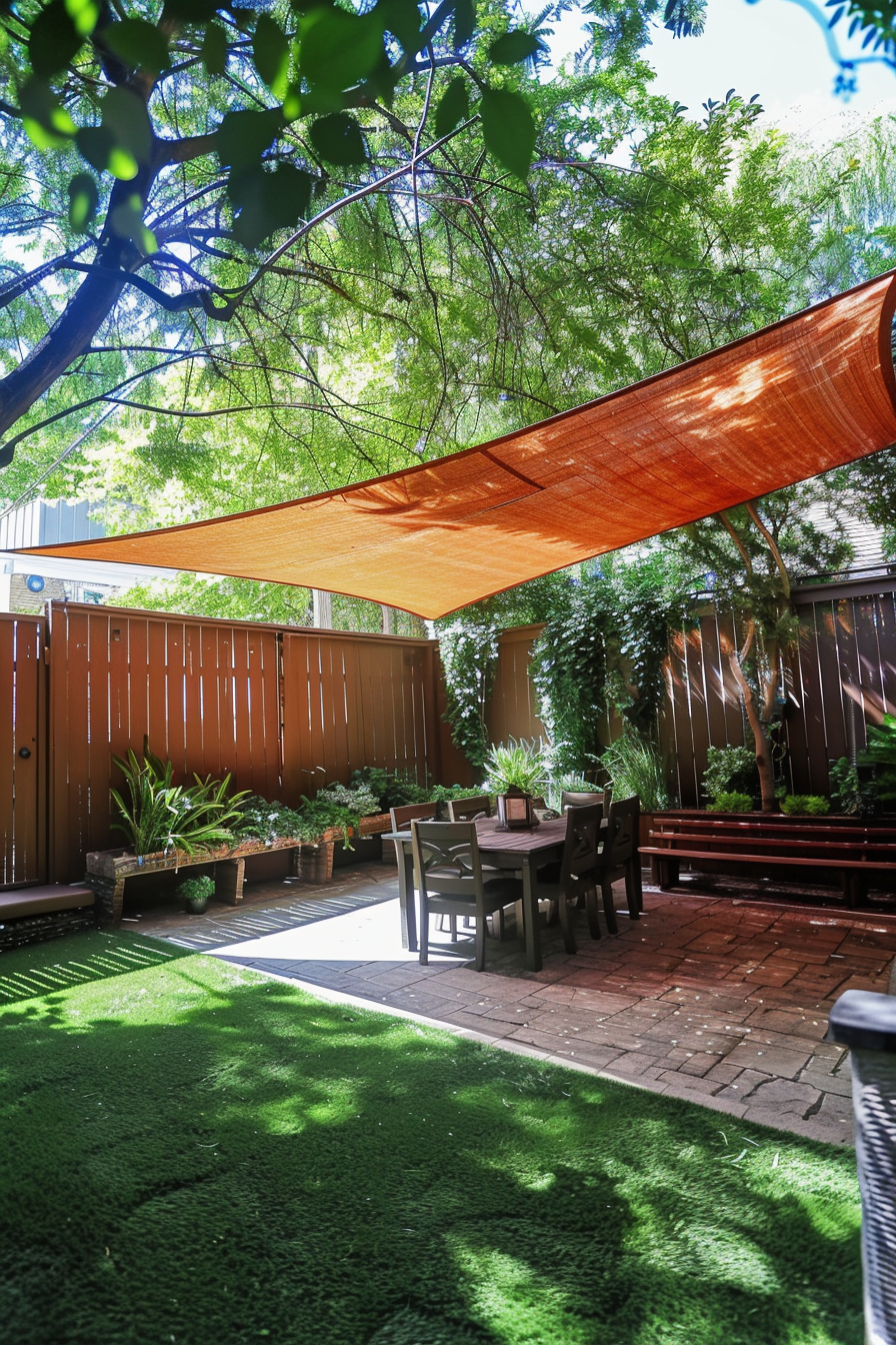 Cozy backyard patio with an orange shade sail, outdoor dining set, wooden fence, green plants, and brick flooring immersed in natural light.