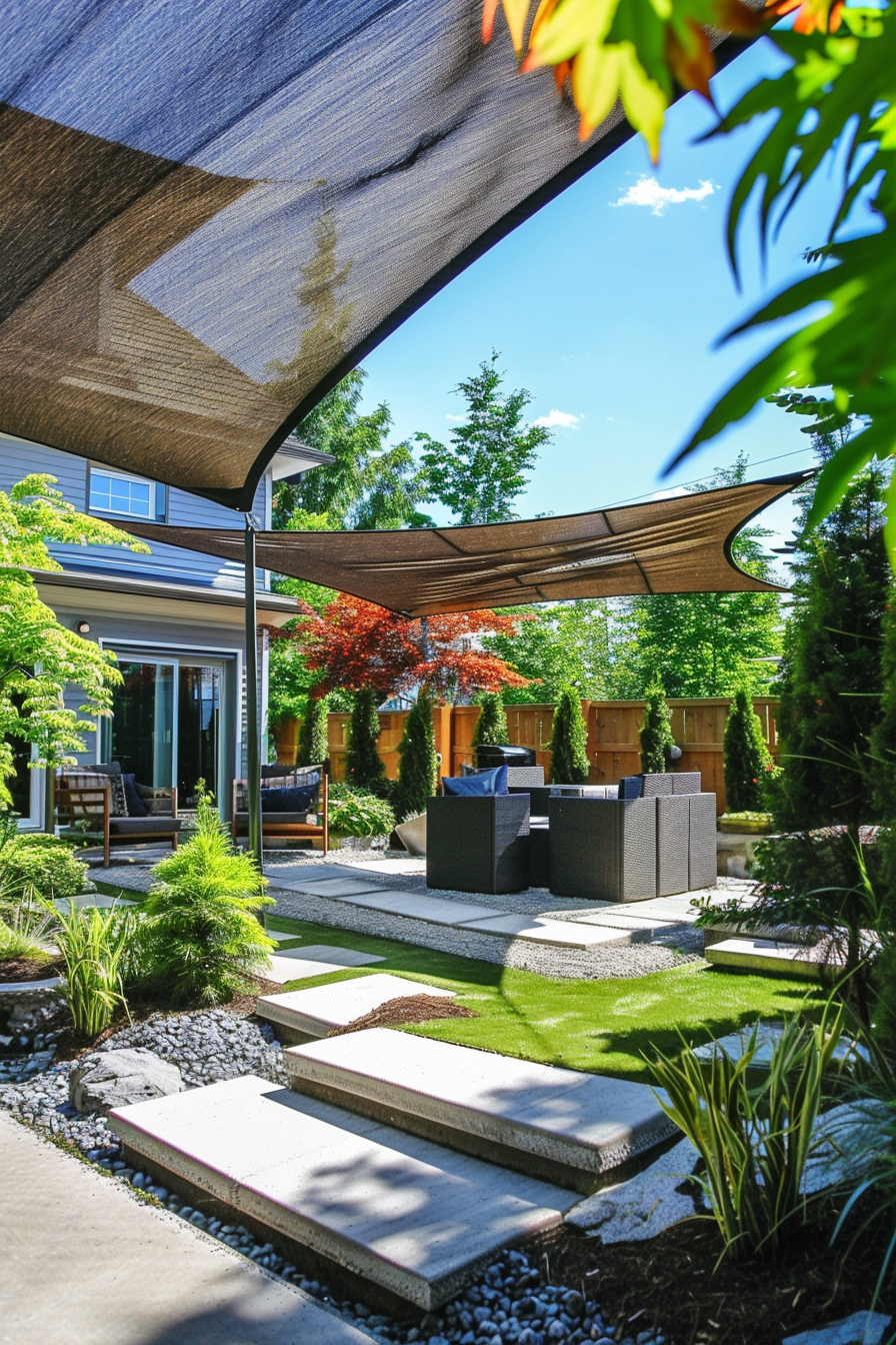 ALT Text: "A modern backyard with stepping stones, lush greenery, outdoor furniture under shade sails, and a house in the background on a sunny day."