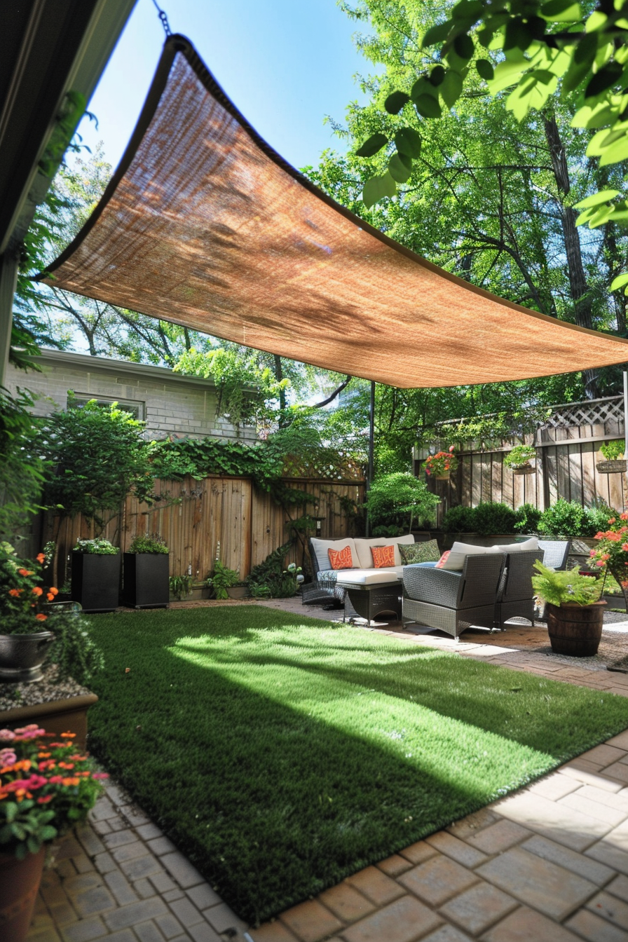 A cozy backyard patio with a shaded seating area, lush greenery, and vibrant potted flowers under a sunny sky.